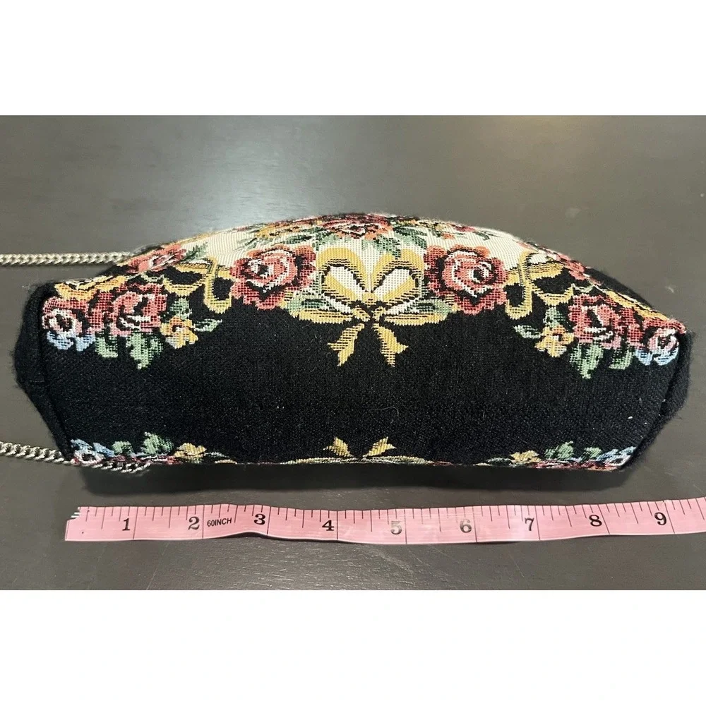 Vtg Floral Tapestry Clutch Purse Metal Chain Strap Black Floral Mad In Hong Kong